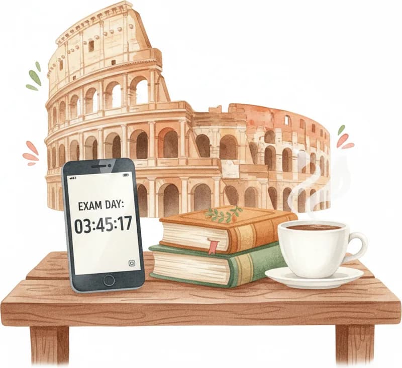 Smartphone showing a flip-style countdown clock on a wooden table, bright interior with a decorative glass door — CELI 2 exam day countdown Smartphone showing a flip-style countdown clock on a wooden table, bright interior with a decorative glass door — CELI 2 exam day countdown